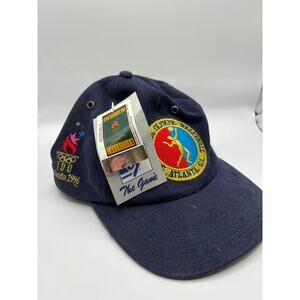 Vtg 90s Atlanta Olympics Volleyball Leather Strapback Trucker Hat OSFA Navy NWT
